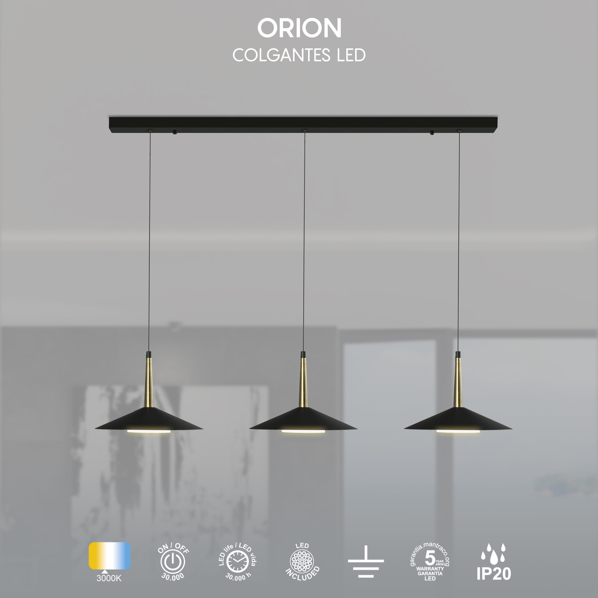 ORION * LAMPADA LINEALE NERO/CUOIO 3L LED  24W 3000K