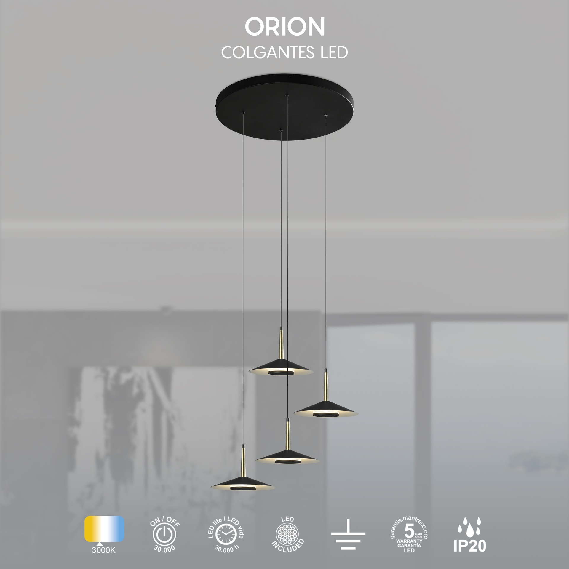 ORION * SOSPESO CIRCOLARE NERO/CUOIO  4L LED  32W  3000K