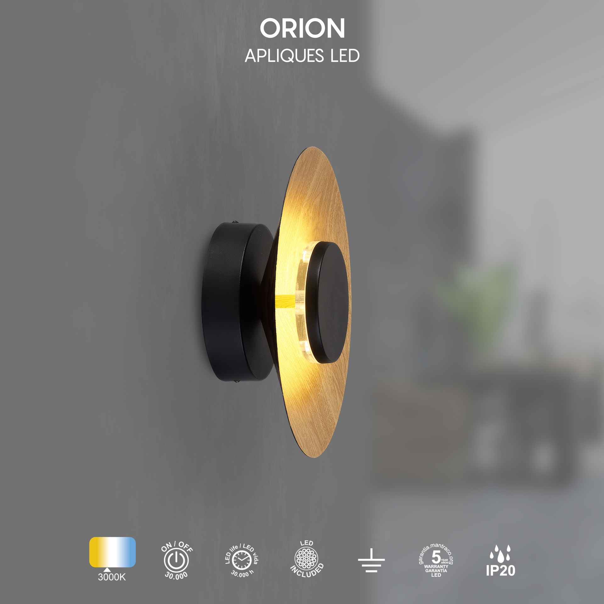 ORION * LED WALL LAMP 8W 3000K BLACK/ WOOD