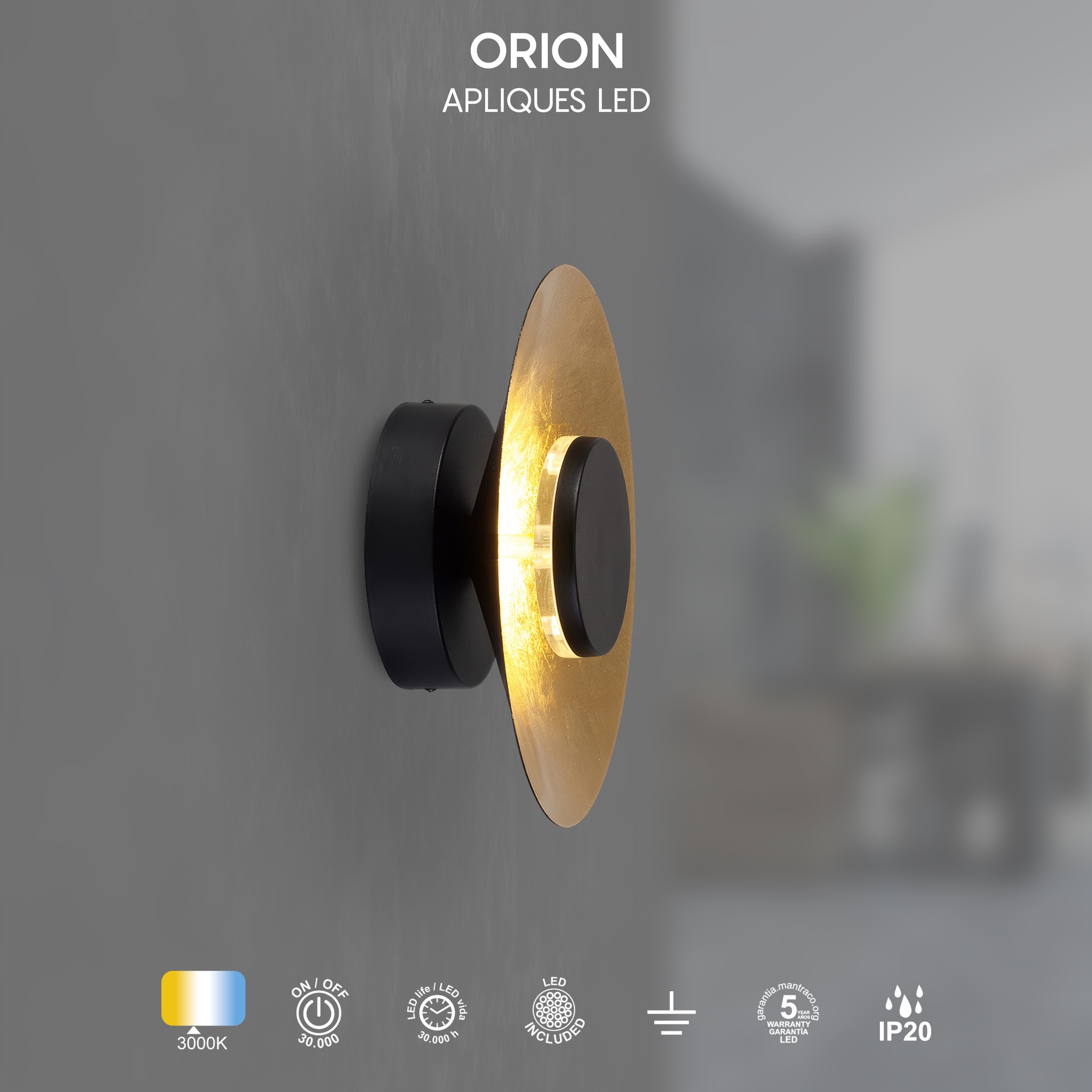 Orion · Luminaires muraux · Noir + Or