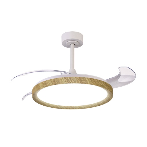 Mistral · Ventilatore da soffitto con pale retrattili e luce · Bianco / Legno